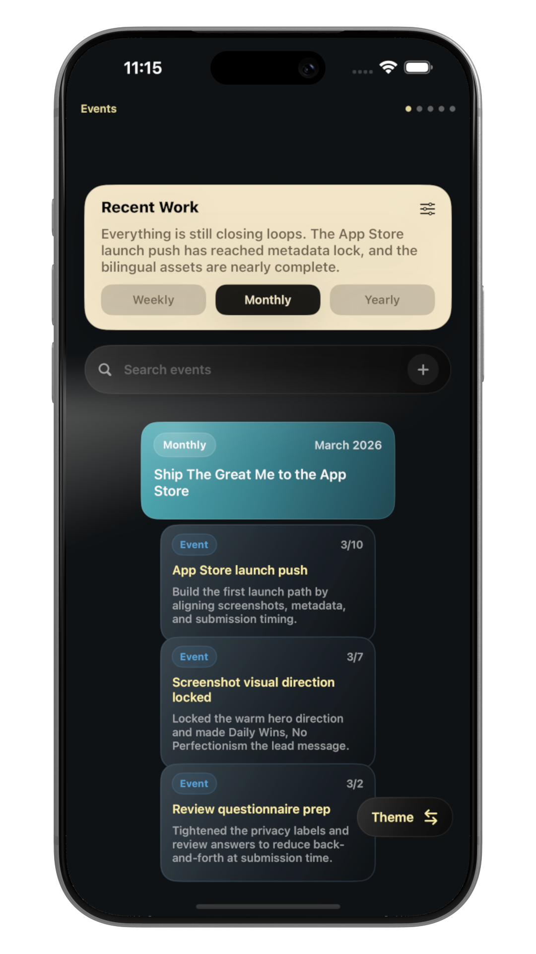 Events development view screen