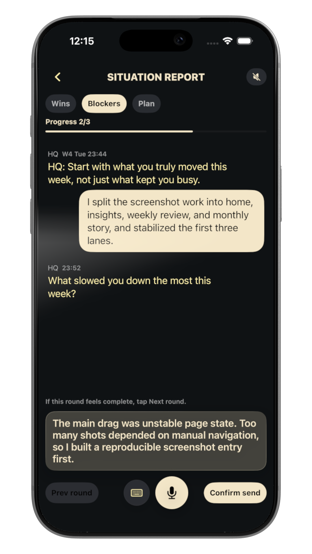 Weekly review in progress screen